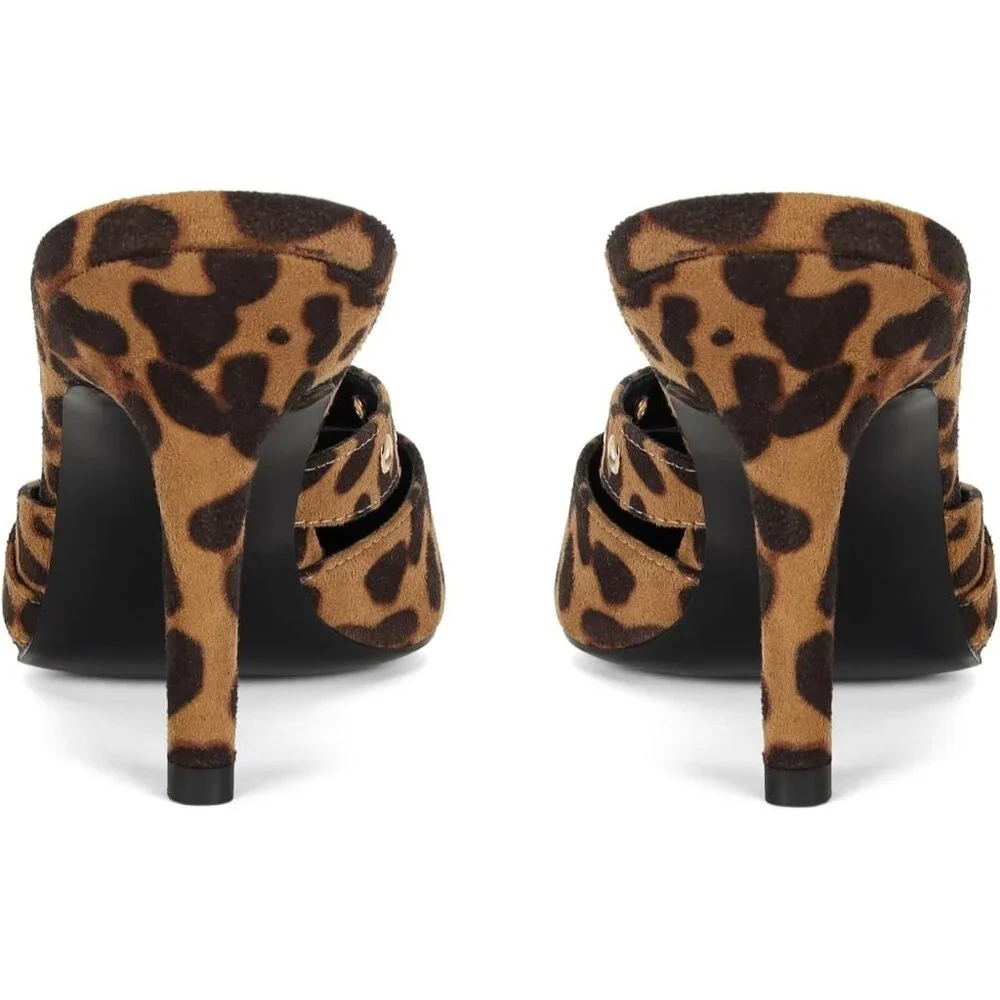 Women's Leopard Print Pointed Closed Toe Dressy Bow Heel Vintage Heeled Mules - Picture 7 of 7